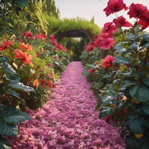 Um lindo caminho de jardim ladeado em ambos os lados por plantas florescentes de hibiscos de várias cores.