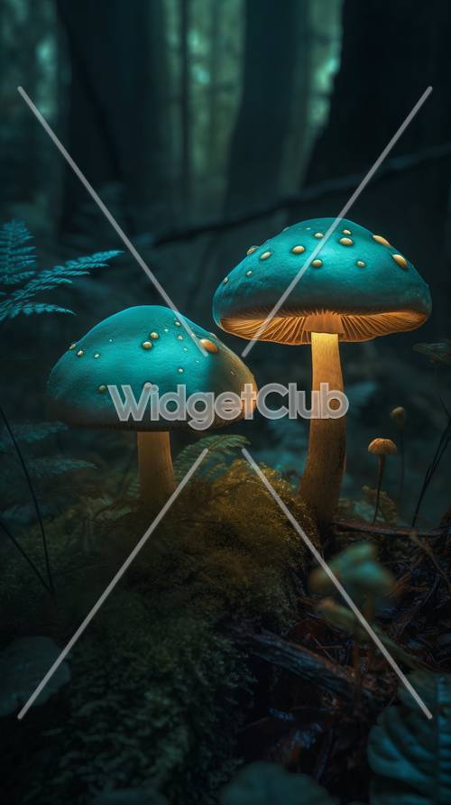 어두운 숲에서 신비롭게 빛나는 버섯