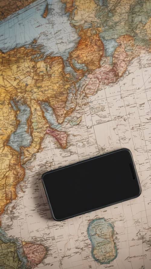 An overhead view of an iPhone XS on a world map, its travel planning app planning the next exciting adventure. Wallpaper [63962ab982d14ef4ba00]