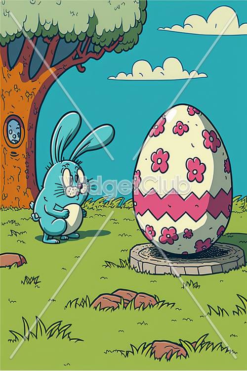 Colorido huevo de Pascua y lindo conejito en primavera