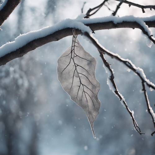 Ein graues Blatt, das mitten im Winter an einem skelettartigen Baum hängt.