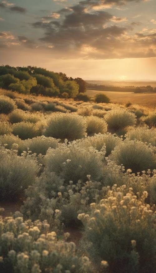 Un paysage captivant avec un champ rempli de fleurs vert sauge baignées par la lumière dorée du coucher du soleil.