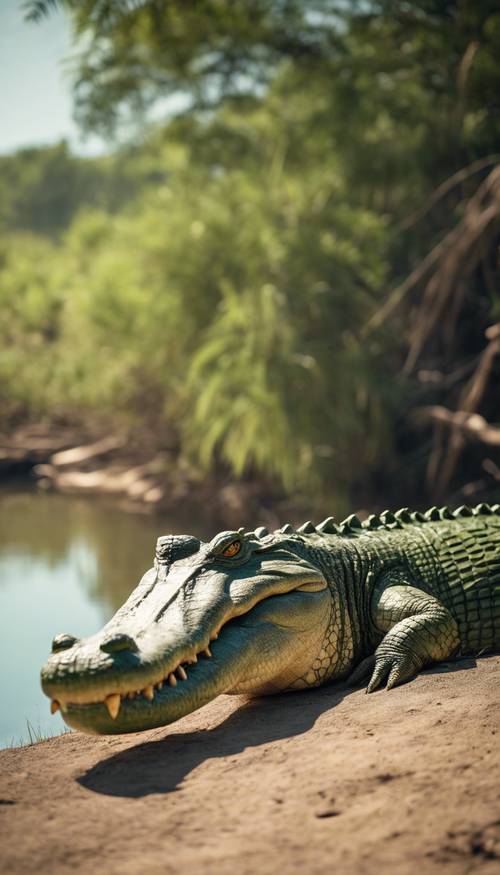 Un cocodrilo verde grande y elegante tomando el sol en la orilla de un río en una tarde cálida.