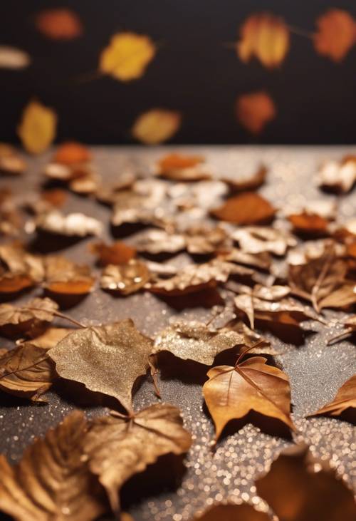 Um grupo de folhas de outono detalhadas em glitter marrom suave espalhadas sobre uma mesa.