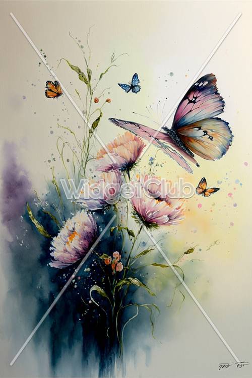 カラフルな蝶々と花のアート壁紙