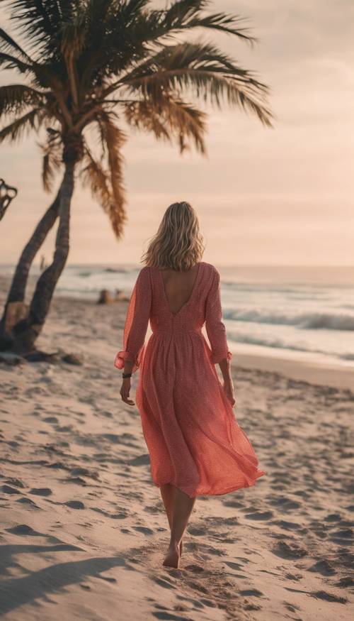 Eine Frau in einem pastellroten Sommerkleid geht am Strand spazieren.