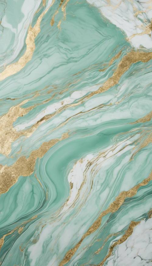 A mint green marble surface, streaked with white and gold.