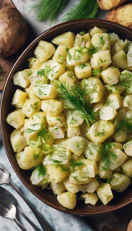 Top-down view of a picnic-style potato salad garnished with dill and spring onions.