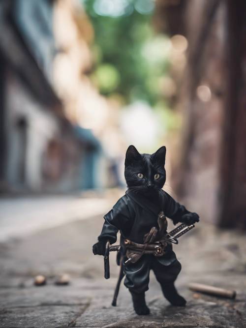 Um ninja surpreso é pego de surpresa por um gatinho em sua missão furtiva.