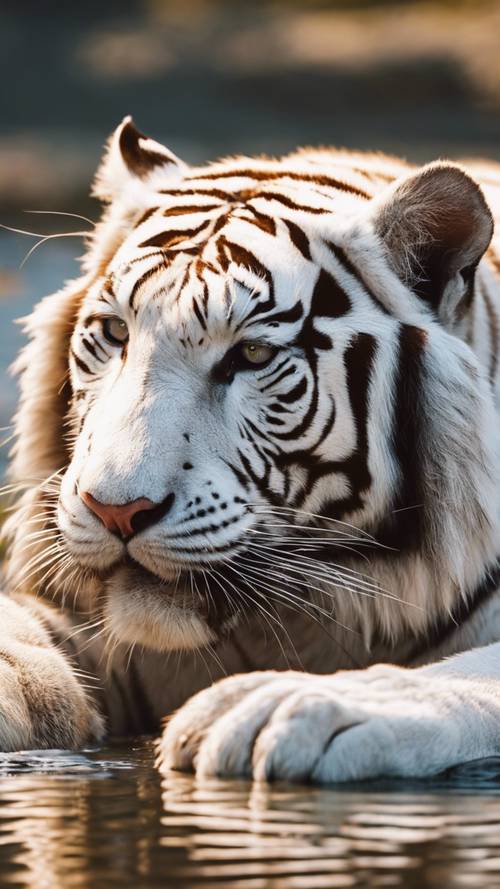 A content white tiger lying on a riverbank and cleaning its paws in the warm rays of a setting sun.