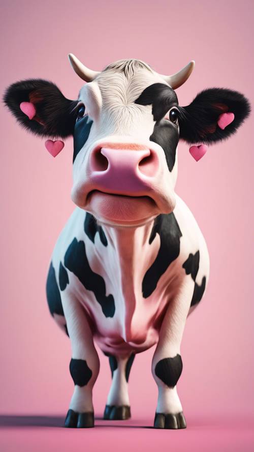 Un&#39;adorabile grafica di una mucca paffuta con macchie a forma di cuore in diverse tonalità di rosa.