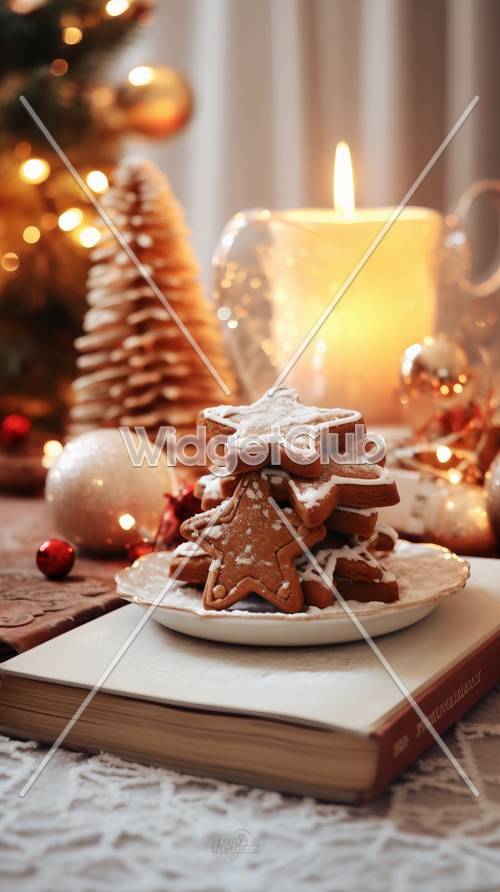 크리스마스 쿠키와 반짝이는 휴일 조명 배경