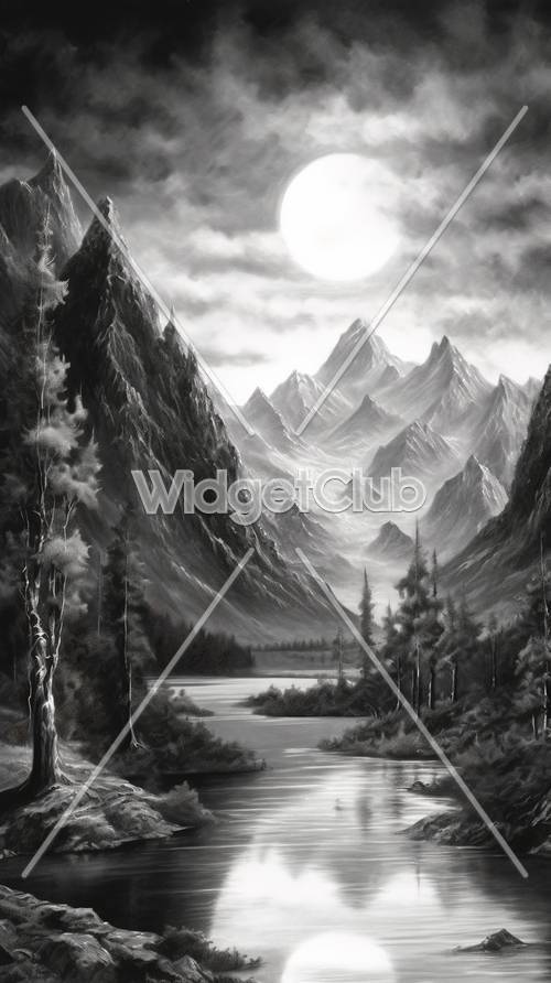Picos montañosos iluminados por la luna y un lago sereno