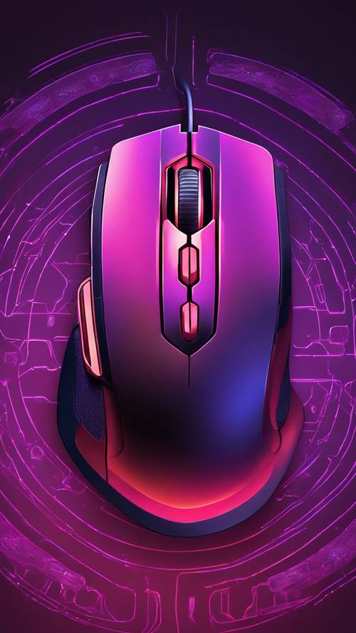 Mouse gaming berteknologi tinggi yang bersinar dengan perpaduan cahaya merah dan ungu pada mousepad gaming.