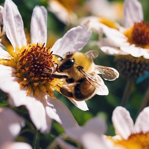 Kawaii tarzında sevimli arı, huzurlu, güneşli bir bahçede süzülüyor, gözle görülür şekilde mutlu ve memnun.