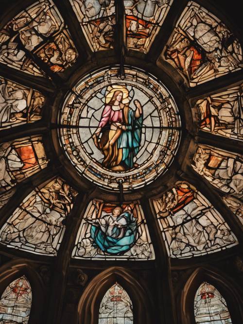 Das Zeichen der Jungfrau, kunstvoll eingebettet in das Design der Buntglaskuppel einer Kathedrale.