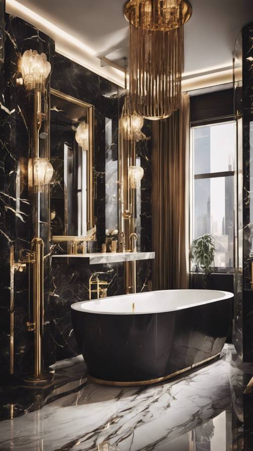 Um banheiro luxuoso projetado com superfícies de mármore escuro e acessórios dourados.
