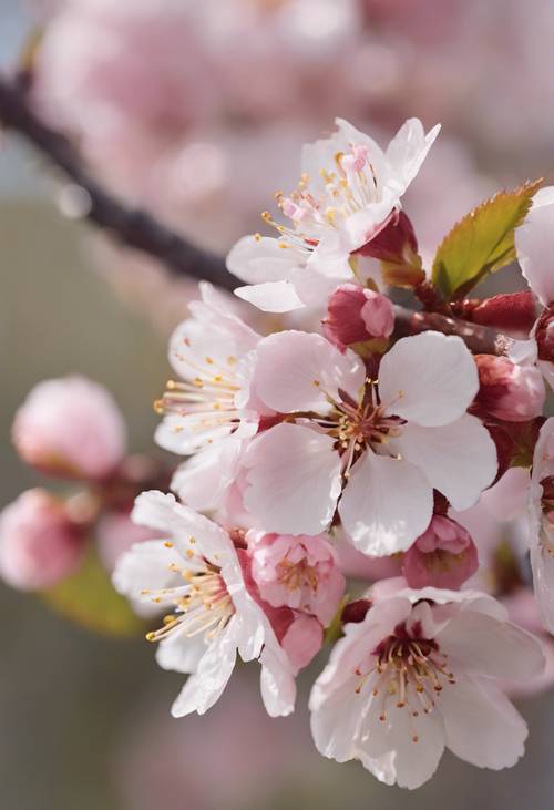 Close-up of pink cherry blossoms with delicate white stamens against a soft-focus background.