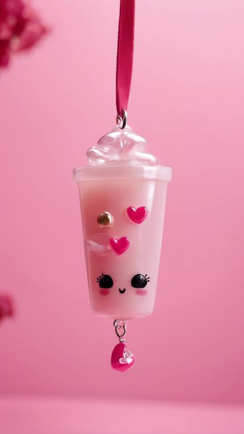 Pesona bubble tea berbentuk hati, dihiasi dengan mutiara mini lucu di dalamnya yang tergantung lembut dengan latar belakang merah jambu yang mewah.