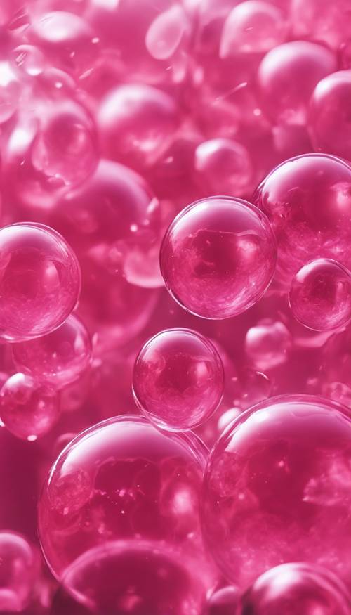 Una vista ravvicinata delle vivaci bolle di detersivo rosa scintillanti alla luce del giorno.
