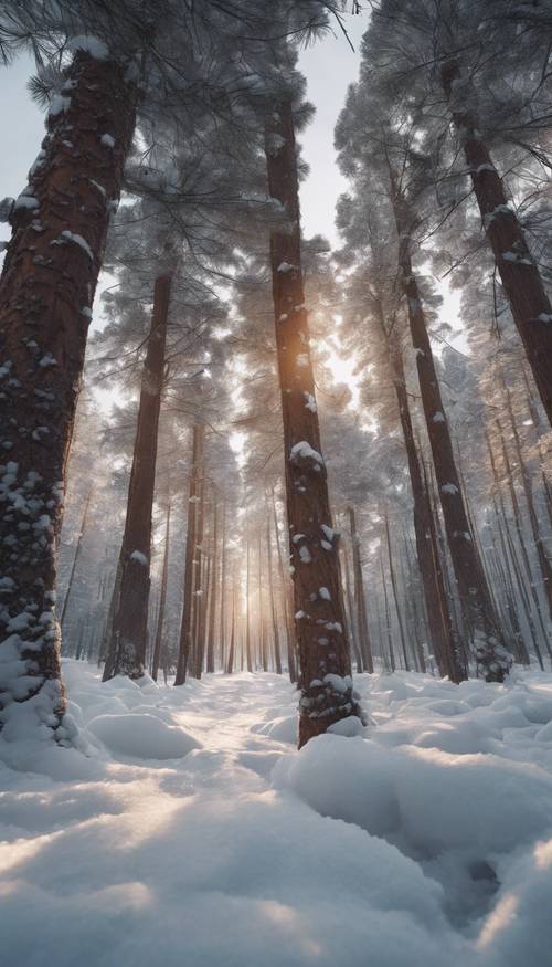 Phong cảnh mùa đông thanh bình vào lúc bình minh, với tuyết mịn bao phủ khu đất yên tĩnh và phía sau là một khu rừng thông tuyệt đẹp đứng sừng sững.