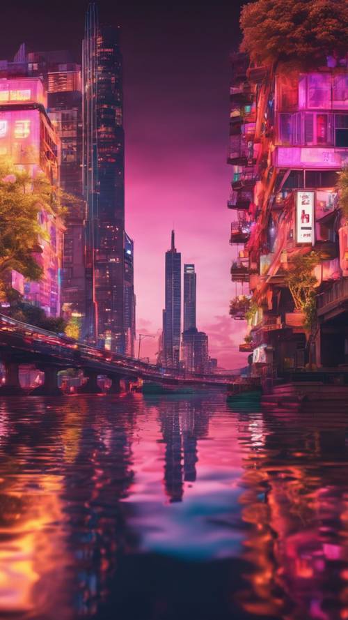 Eine lebendige, neonfarbene Stadtlandschaft, die sich in der Dämmerung in einem ruhigen Fluss spiegelt