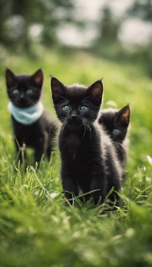Eine Reihe schwarzer Kätzchen mit weißen Fäustlingen folgen ihrer Mutter über eine üppige, grüne Wiese.