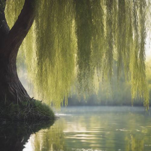Pohon willow yang anggun bergoyang lembut di tepi kolam yang tenang. Wallpaper [394c2c4d9d68467eb49d]