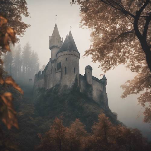 A medieval castle surrounded by a mysterious, foggy forest