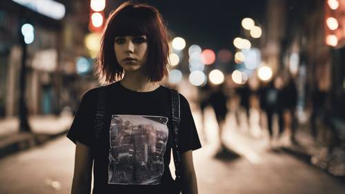 Una ragazza emo con una maglietta aderente con il logo di una band e jeans neri skinny cammina lungo una strada cittadina di notte.