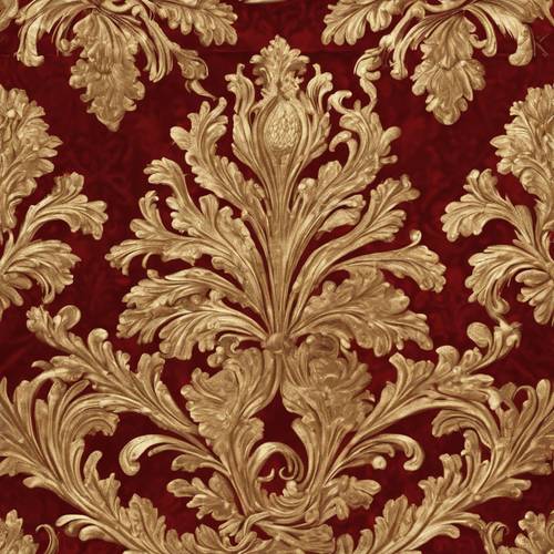 Um design dramático e perfeito de damasco dourado antigo em uma tela de veludo vermelho cardinal.