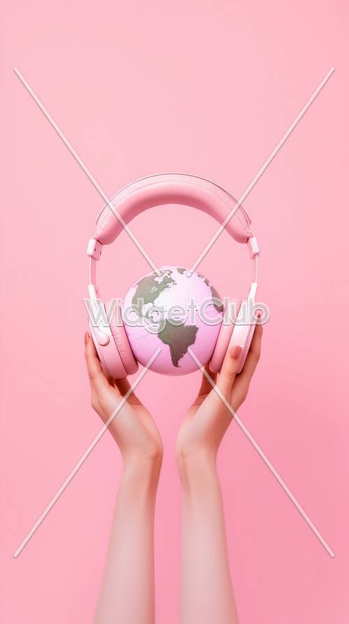 분홍색 배경에 대해 세계에 분홍색 헤드폰
