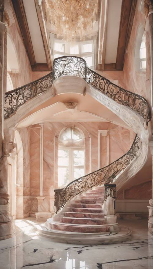 Величественная мраморная лестница пастельных тонов, ведущая вверх в роскошном особняке.