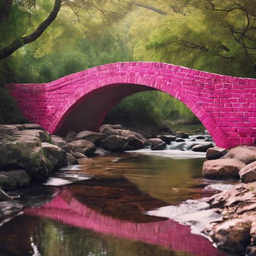 一座粉红色的砖桥横跨一条宁静的小溪。