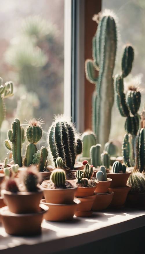 A windowsill adorned with small pots of a variety of cacti and succulents.