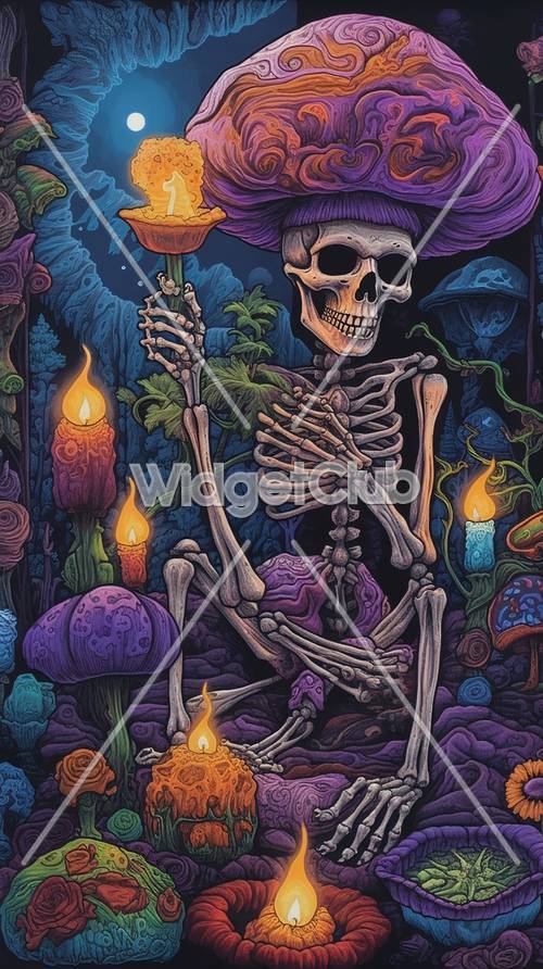 Skeleton and Mushrooms in a Mystical Forest Tapet [686e93fb3a6240b0a48e]