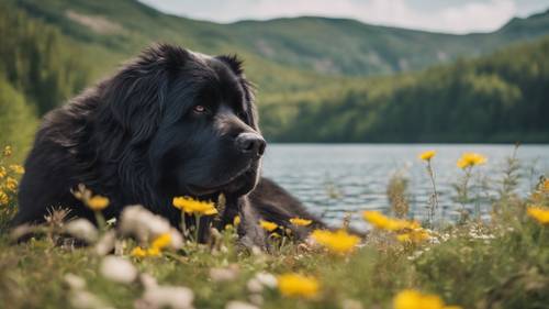 Pies nowofundlandzki śpiący na brzegu spokojnego jeziora, otoczony dywanem polnych kwiatów.