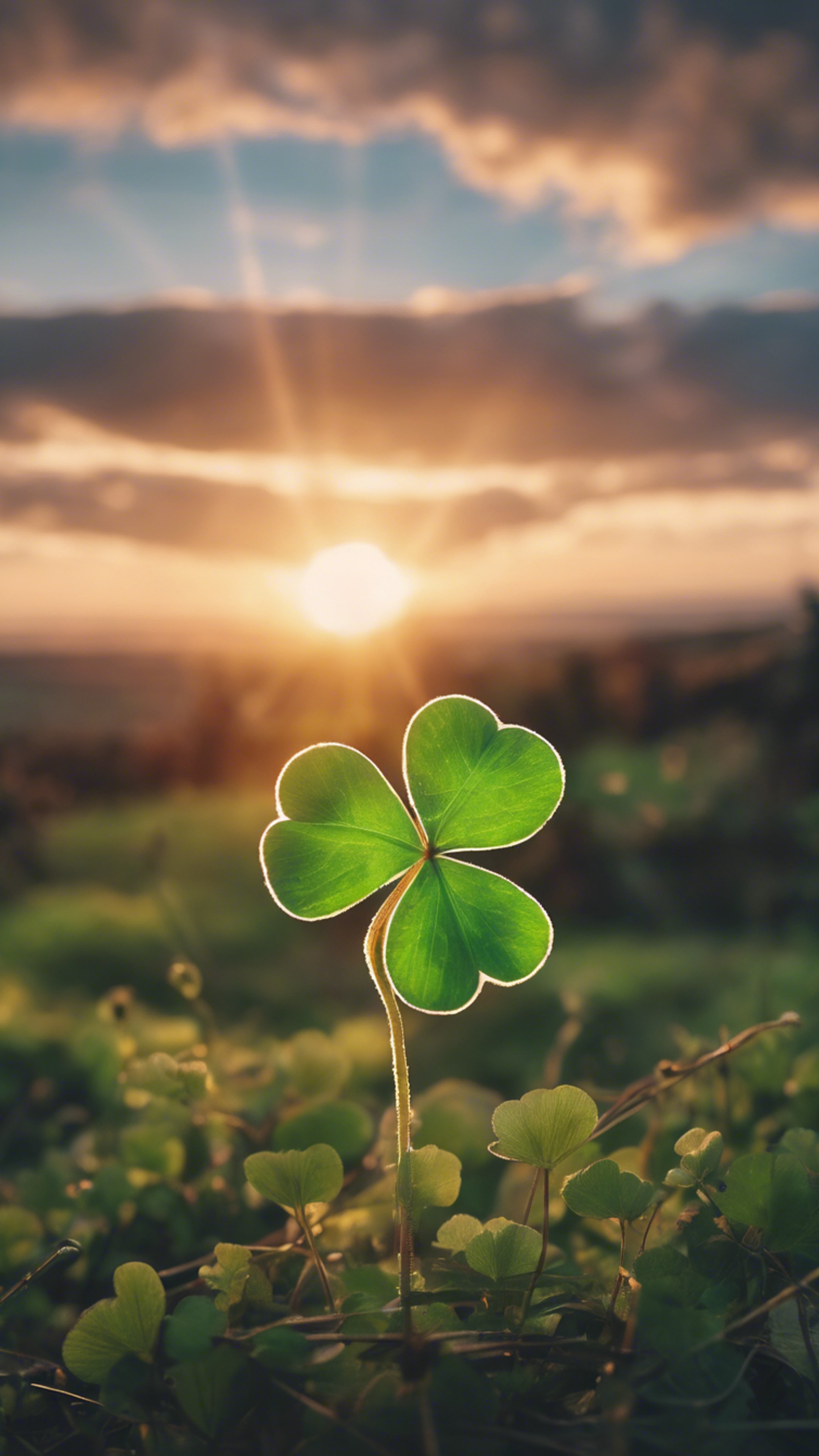An enchanting sunset over the Irish countryside with a four-leaf clover in the foreground on St. Patrick's Day. วอลล์เปเปอร์[4ad1db603cc8494da5b1]