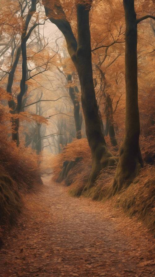 Um caminho místico na floresta coberto por folhas de outono marrons e crocantes