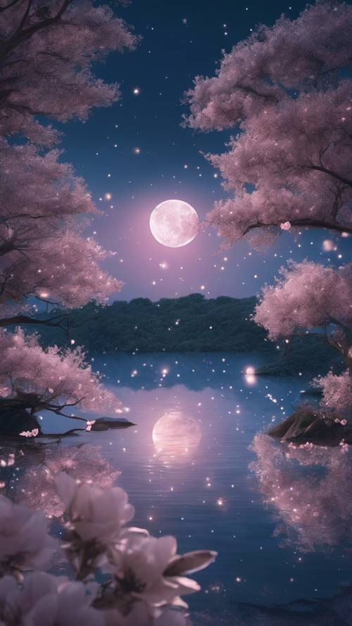 A vivid depiction of a tranquil lagoon under a half-moon, surrounded by fragrant blossoms shimmering under the silver moonlight.