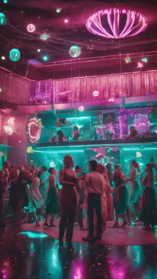 네온 불빛, 춤추는 사람들, 빈티지 장식이 돋보이는 청록색 Y2K 스타일의 파티 장면입니다.