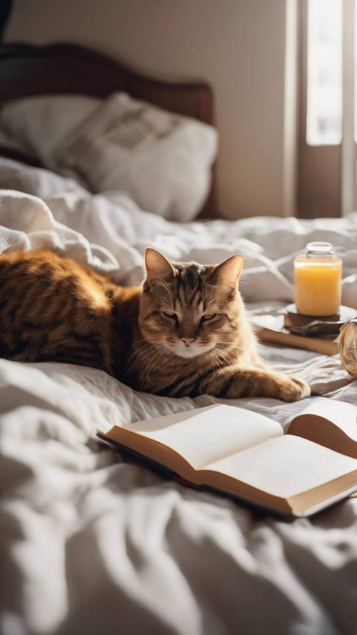 בוקר ראשון נעים במיטה מוארת שמש, מגש עם ארוחת בוקר דשנה, ספר פתוח על שמיכת פוך וחתול טאבי מנומנם מכורבל למרגלות המיטה.