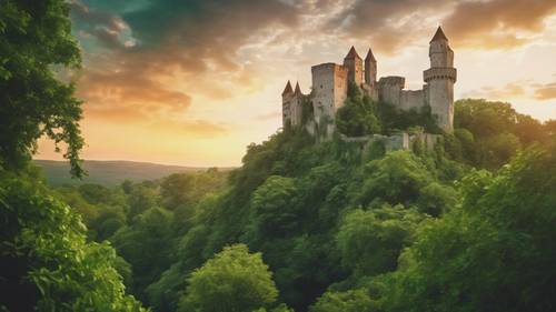 一幅生动的梦境：在壮丽的日落之下，一座中世纪城堡坐落在郁郁葱葱的翠绿色植物之中。