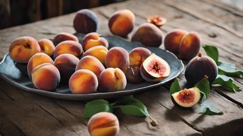 Still life of peaches and figs arranged beautifully on a rustic wooden table.