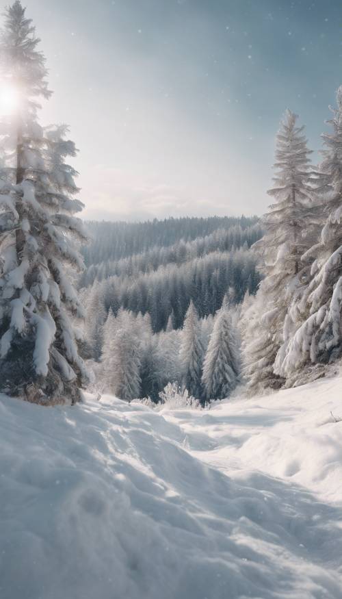 Sebuah lembah bersalju di tengah musim dingin, pepohonan pinus dipenuhi bulu putih.