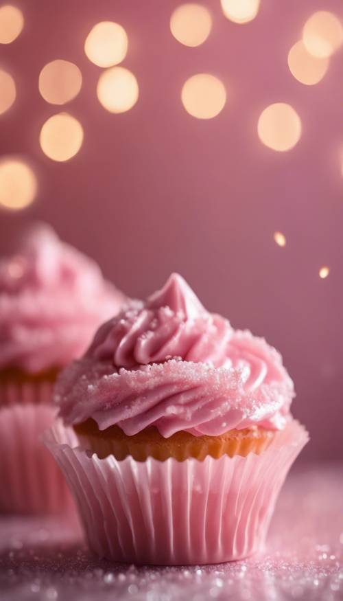 Gambar close-up artistik dari cupcake merah muda beku, menyala di bawah pencahayaan romantis yang lembut. Wallpaper [990e0749fc6e4bd493de]