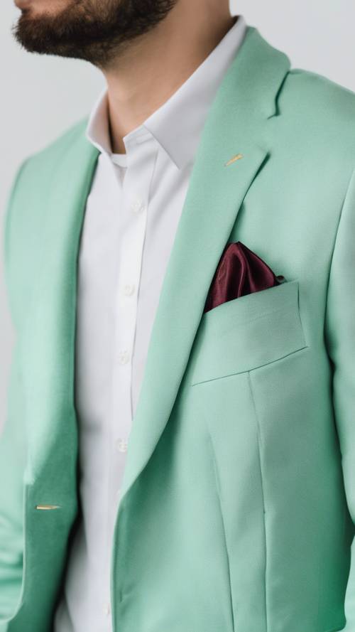 Una impresionante chaqueta estilo preppy de color verde menta que cuelga sobre un fondo blanco.