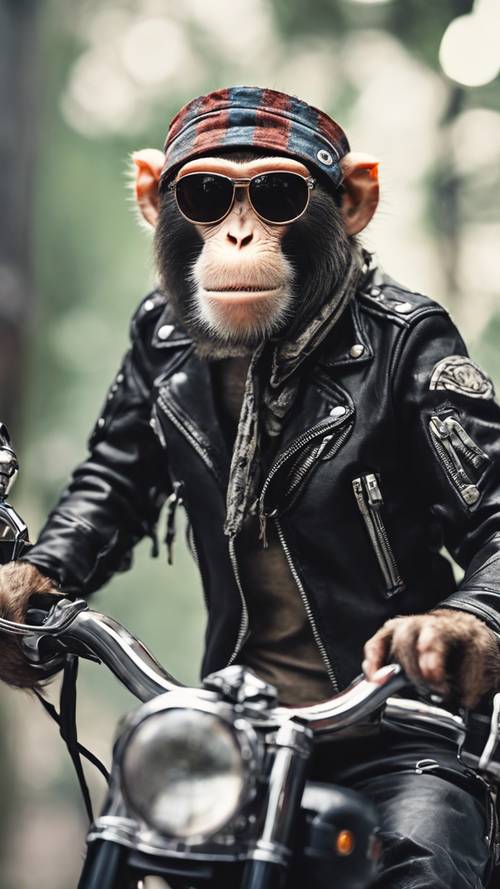 두건과 선글라스를 착용한 자전거 타는 사람처럼 옷을 입은 원숭이의 그림입니다.