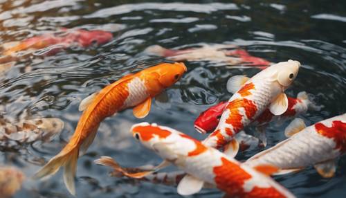 Beautiful Chinese koi fishes swimming against stream in a wave pattern