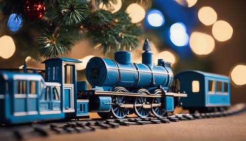 Un train jouet bleu circulant au pied d&#39;un sapin de Noël